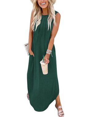 Women's Deep Green Summer Dress Casual Long Dress Split Curve Hem Dress Floral